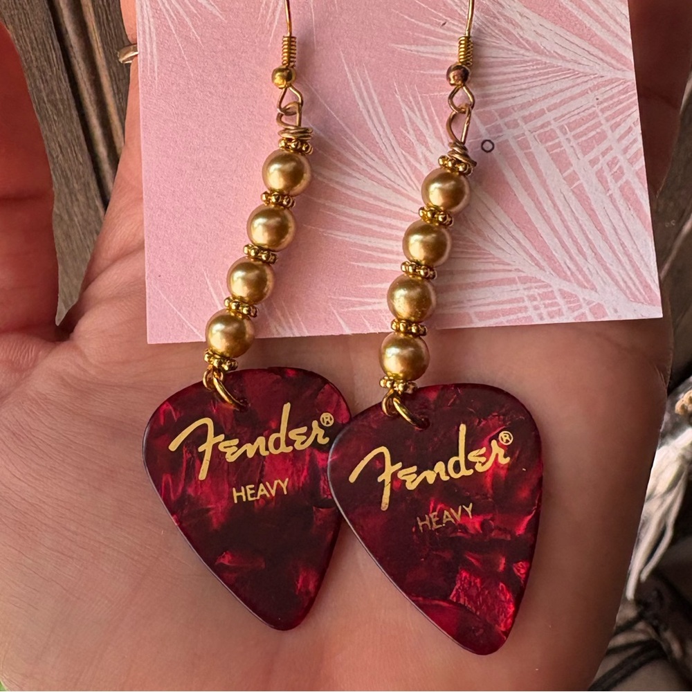 Fender Maroon and Gold Guitar Pick Earrings